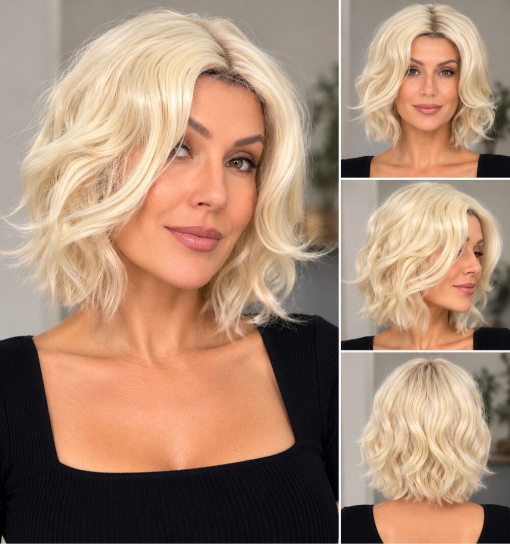 Blonde Curly Wavy Bob Wig Synthetic Hair Adjustable Adult Cap Size 10
